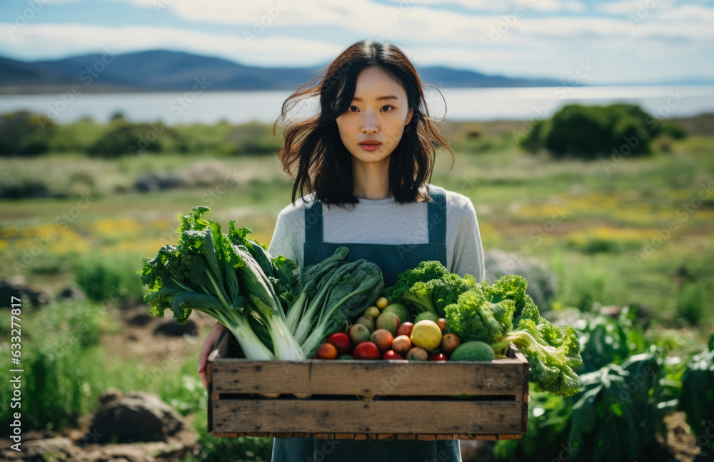 Young Korean girl with a wooden box of fresh vegetables. Generative AI. Young Korean girl with a wooden box of fresh vegetables. Generative AI.