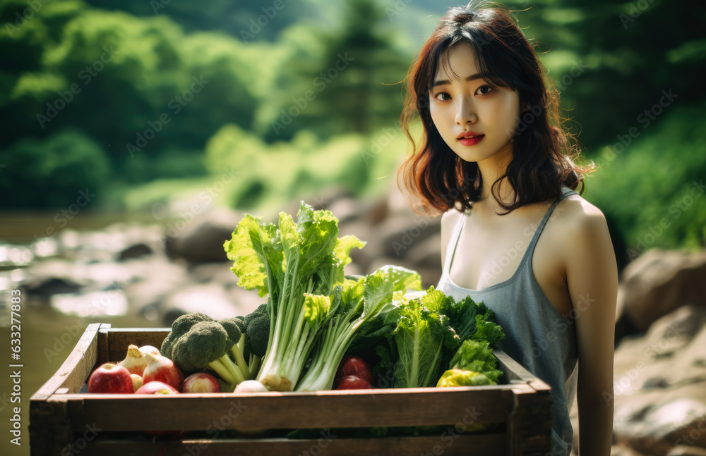 Young Korean girl with a wooden box of fresh vegetables. Generative AI. Young Korean girl with a wooden box of fresh vegetables. Generative AI.