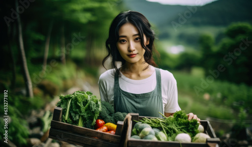 Young Korean girl with a wooden box of fresh vegetables. Generative AI.