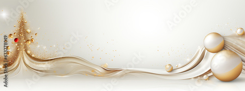 White holiday background with white and gold curve line element, balls and fluid with light effects decorations. Realistic luxury modern 3d design concept. photo