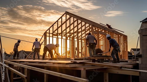Construction crew meticulously framing a new house, their synchronized efforts transforming raw materials into the foundational structure of a future home. Generated by AI.