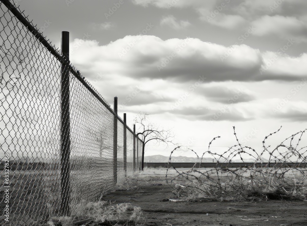 Prison watchtower protected by wire of prison fence.White prison wall and guard tower with coiled barbed wire.Criminal justice imprisonment concept. Created with Generative AI technology. Prison watchtower protected by wire of prison fence.White prison wall and guard tower with coiled barbed wire.Criminal justice imprisonment concept. Created with Generative AI technology.