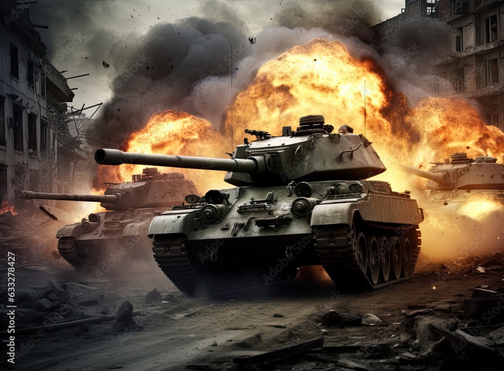 Group of main battle tanks with a city on fire on the background. One tank firing a shell from the barrel. Military or army special operation. Created with Generative AI technology.