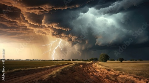 Dramatic and breathtaking thunderstorm rolling across the horizon, its thunderous roars and dazzling lightning bolts weaving a tapestry of nature's might and beauty. Generated by AI.