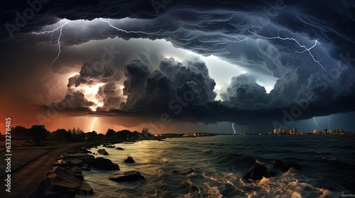 Dramatic and breathtaking thunderstorm graces the sky, its electrifying presence and booming thunder creating an atmosphere of both awe and respect. Generated by AI.