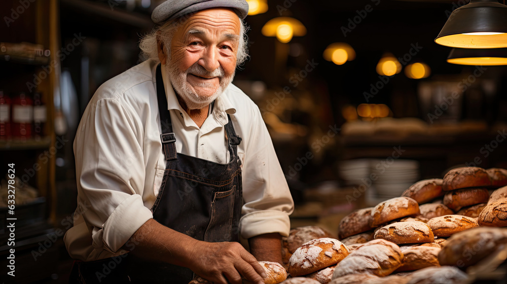 A glimpse into the world of an elderly baker surrounded by fresh bread and pastries. A glimpse into the world of an elderly baker surrounded by fresh bread and pastries.