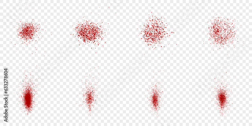Grainy Paint Brush Set. Spray Texture, Red Grunge Circle Collection. Halftone Stain, Noise Effect. Ink Grain Splatter. Abstract Blood Splash on Transparent Background. Isolated Vector Illustration