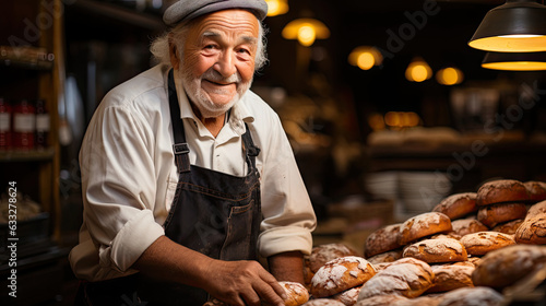 A glimpse into the world of an elderly baker surrounded by fresh bread and pastries.