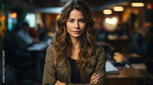 A creative, softly-focused image of a woman in a vibrant business-casual outfit standing with arms folded in an open-concept office.
