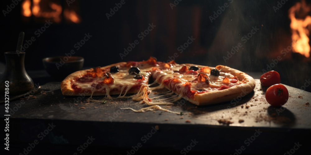 A fresh hot italian pizza from the stone oven with cheese, brown crust and delicious toppings on a dark and moody background