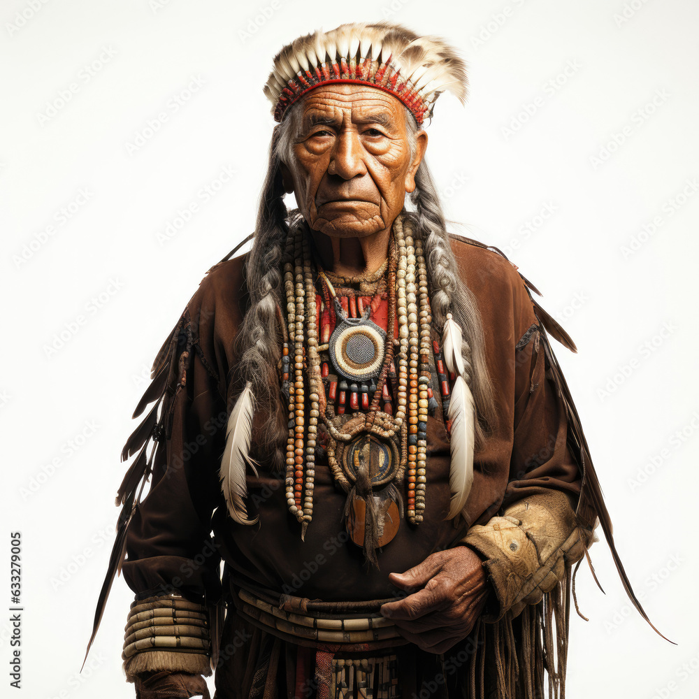 Studio shot of a Native American chief in traditional attire.