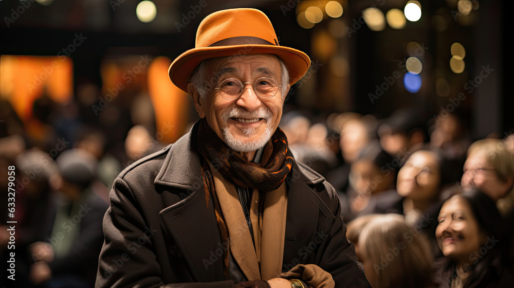 An elderly theater-goer stands proudly in a classy outfit, surrounded by a vibrant community theater crowd and a blurred performing arts haze. An elderly theater-goer stands proudly in a classy outfit, surrounded by a vibrant community theater crowd and a blurred performing arts haze.