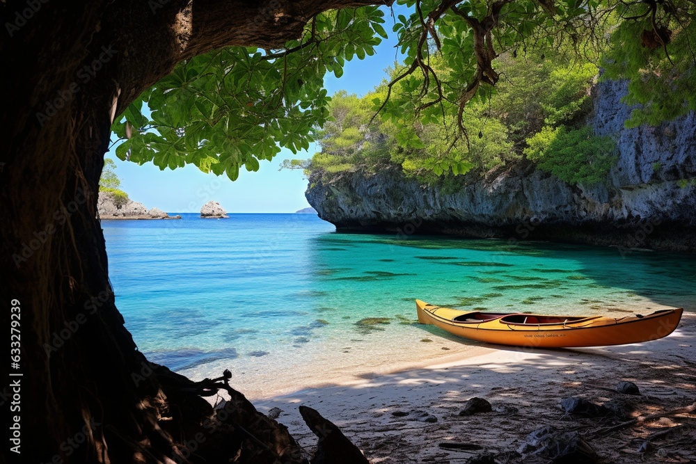 Anchored in a secluded cove, kayaking adventures await, yacht, vacation Generative AI