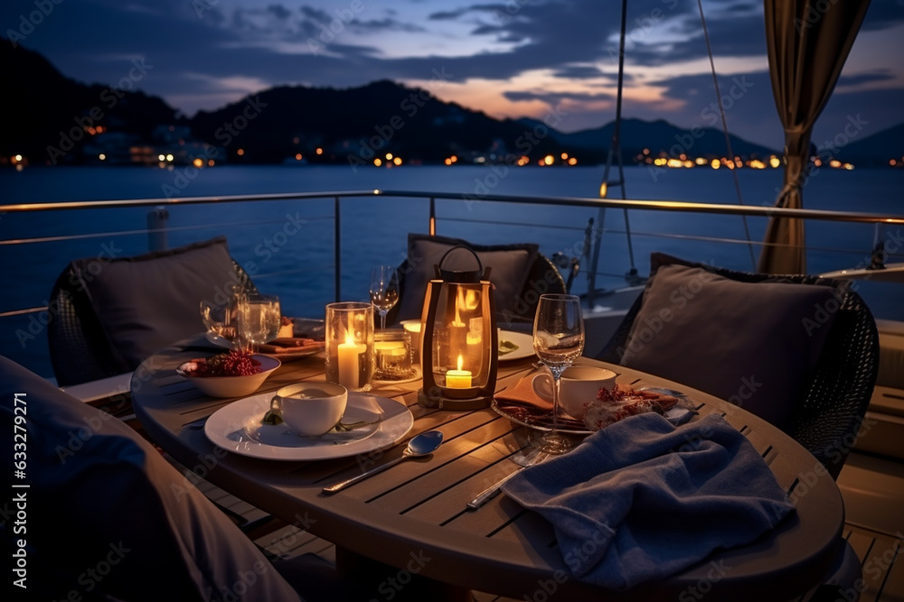 Candlelit dinner on the deck under a starry sky, yacht, vacation Generative AI