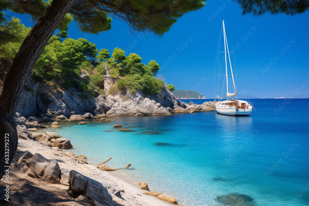 Exploring hidden beaches accessible only by yacht, yacht, vacation Generative AI