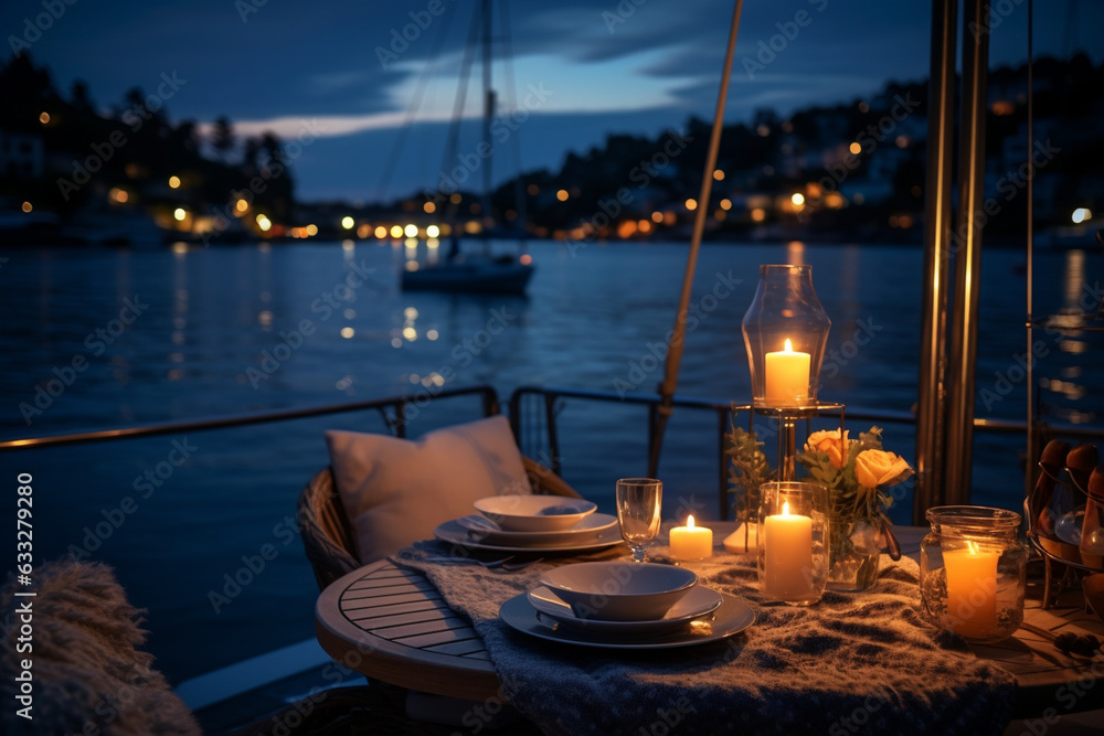 Candlelit dinner on the deck under a starry sky, yacht, vacation Generative AI