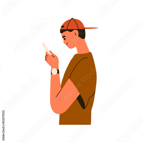 Person holding mobile phone. Happy man reading online with smartphone, cell i...