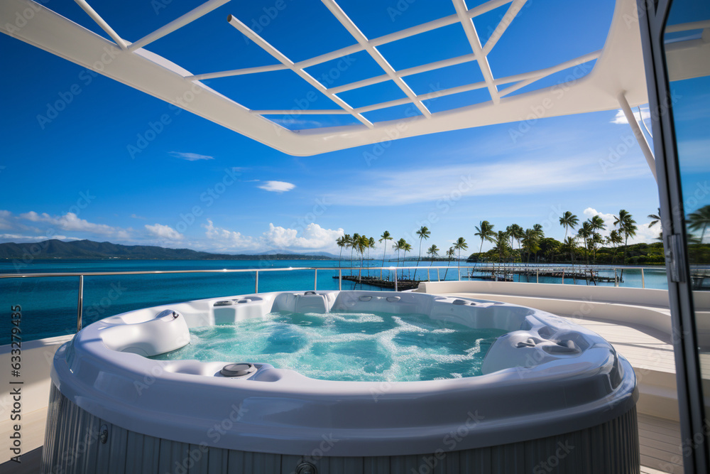 Relaxing in a jacuzzi on the yacht's deck, surrounded by ocean vistas, yacht, vacation Generative AI