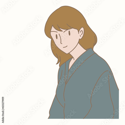 Crafty woman smiling and looking at the viewer. Cunning girl looking with pretend smile at camera. Hand drawn flat cartoon character vector illustration.