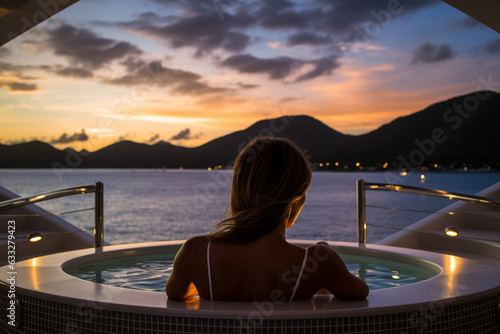 Relaxing in a jacuzzi on the yacht's deck, surrounded by ocean vistas, yacht, vacation Generative AI