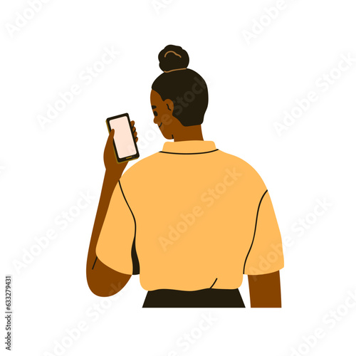 Person looking at smartphone screen. Black woman from behind, holding mobile cell phone in hand, reading. Girl with cellphone, back view. Flat vector illustration isolated on white background