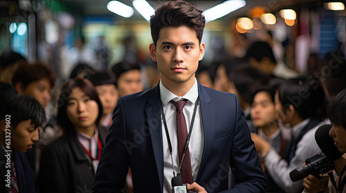 A young man in a sharp business suit stands confidently in a buzzing newsroom, surrounded by a flurry of journalistic activity. photo