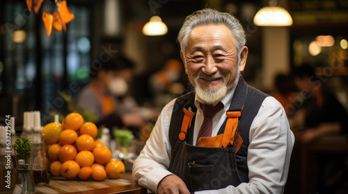 An elderly barista in a vest and bowtie stands proudly at a family-owned cafe.