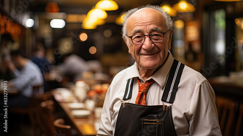 An elderly barista in a vest and bowtie stands proudly at a family-owned cafe.