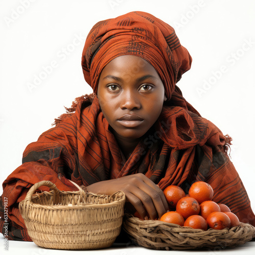 Studio shot of a Malawian woman showcasing traditional clothing and crafts.
