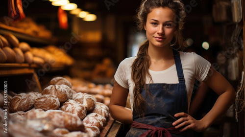 A skilled baker stands in a rustic bakery surrounded by artisanal bread and pastries.