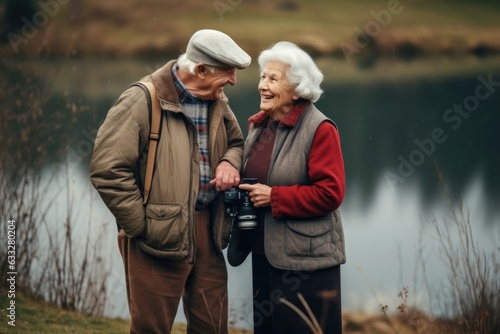 A happy elderly couple walks through the park with a camera and laughs