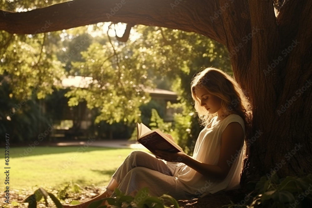 Reading a book under a shady tree, birdsong as the soundtrack, love Generative AI Reading a book under a shady tree, birdsong as the soundtrack, love Generative AI