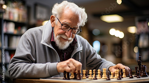 An elderly chess player in smart casual outfit stands amidst a strategic backdrop of chessboards and players at a lively club meetup.