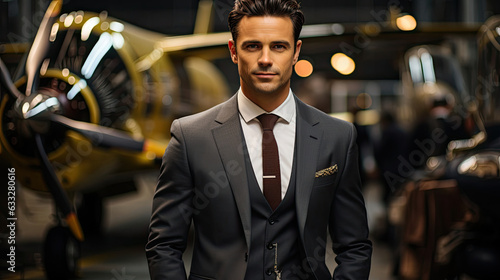 A sharp-suited man stands in a private airplane hangar, surrounded by a blur of excitement. © GraphicsRF