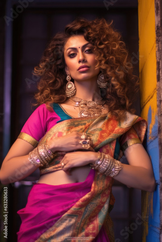 A thin South Asian woman with voluminous curly hair poses gracefully in a vibrant sari, showcasing 80s color palette, chunky gold jewelry, and high heels.