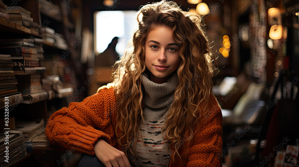 A charming bookworm in a cozy sweater stands amidst stacks of books in a local bookstore.