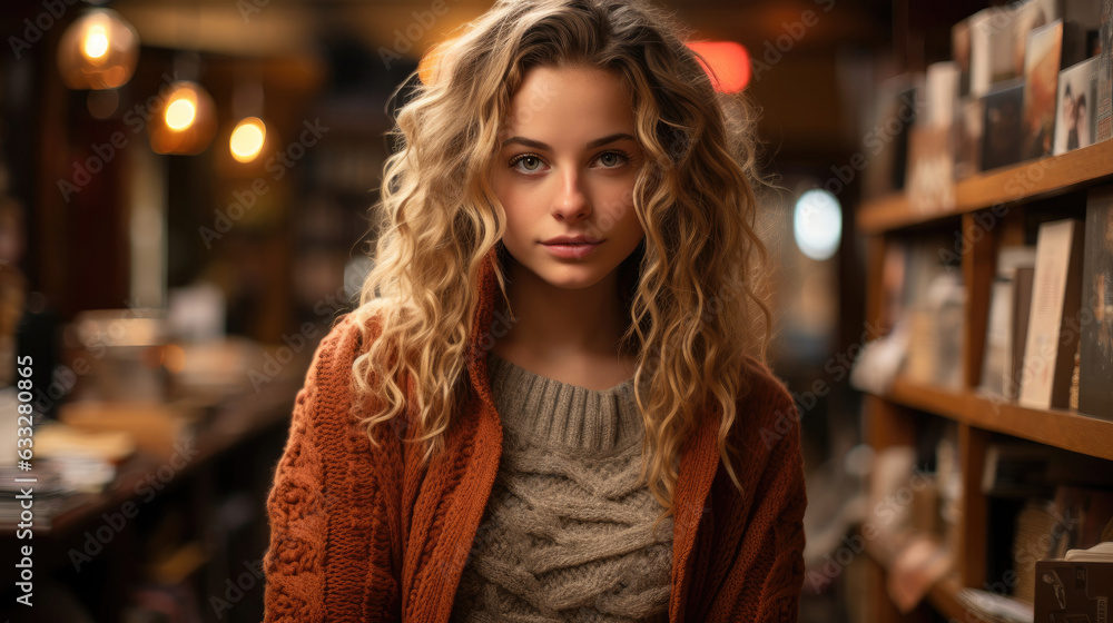 A charming bookworm in a cozy sweater stands amidst stacks of books in a local bookstore.