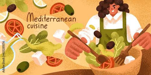 Mediterranean cuisine banner, culinary background. Chef cooking Greek vegetable salad, mixing food ingredients. Woman cooks vegetarian dish, eating with tomato, olives. Flat vector illustration