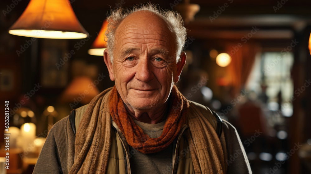 An elderly innkeeper in a warm sweater stands with a welcoming smile, creating a cozy ambiance. An elderly innkeeper in a warm sweater stands with a welcoming smile, creating a cozy ambiance.