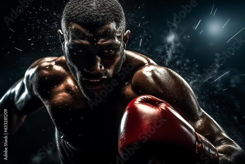 Boxer standing in pose and ready to fight. Dark dramatic stadium background. Banner with copy space. Shallow field of view.