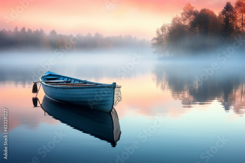 Admiring a lone boat on a misty morning lake  a moment of serenity  love 