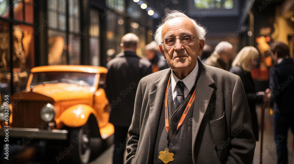 Elderly tour guide in a suit amidst historic exhibits and museum visitors.