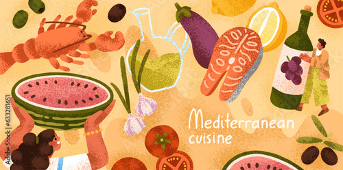 Mediterranean cuisine, food, diet background. Seafood, vegetables, fruits, snacks, wine bottle, fish, lobster on gourmet banner. Healthy delicious Italian and Spanish eating. Flat vector illustration