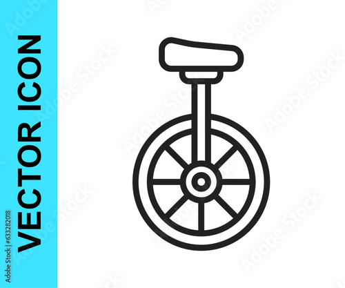 Black line Unicycle or one wheel bicycle icon isolated on white background. Monowheel bicycle. Vector