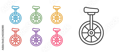 Set line Unicycle or one wheel bicycle icon isolated on white background. Monowheel bicycle. Set icons colorful. Vector