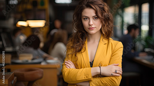 A young woman exudes confidence in a mustard yellow skirt suit amidst a bustling office.