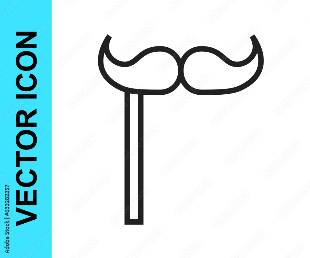 Black line Paper mustache on stick icon isolated on white background. Concept with cardboard carnival mask. Mask for a photo shoot. Vector Black line Paper mustache on stick icon isolated on white background. Concept with cardboard carnival mask. Mask for a photo shoot. Vector