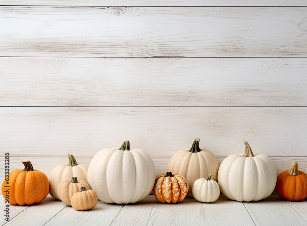 Orange halloween pumpkins on white planks, holiday decoration. Created with Generative AI technology. - obrazy, fototapety, plakaty 