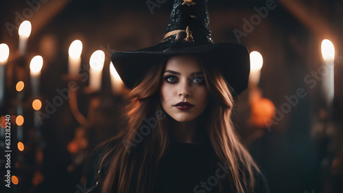 Halloween photo of a beautiful witch girl with gothic make-up dressed in black clothes and a tall witch hat on a blurred background of warm lights of candles.
