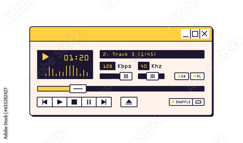 Retro digital music mp3 player, window UI in 90s style. Audio playing software interface. Old nostalgia program with tune track, buttons, sliders. Flat vector illustration isolated on white background